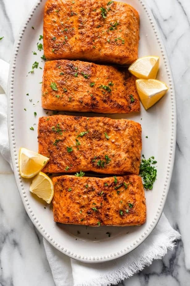 Perfectly cooked air fryer salmon with crispy skin