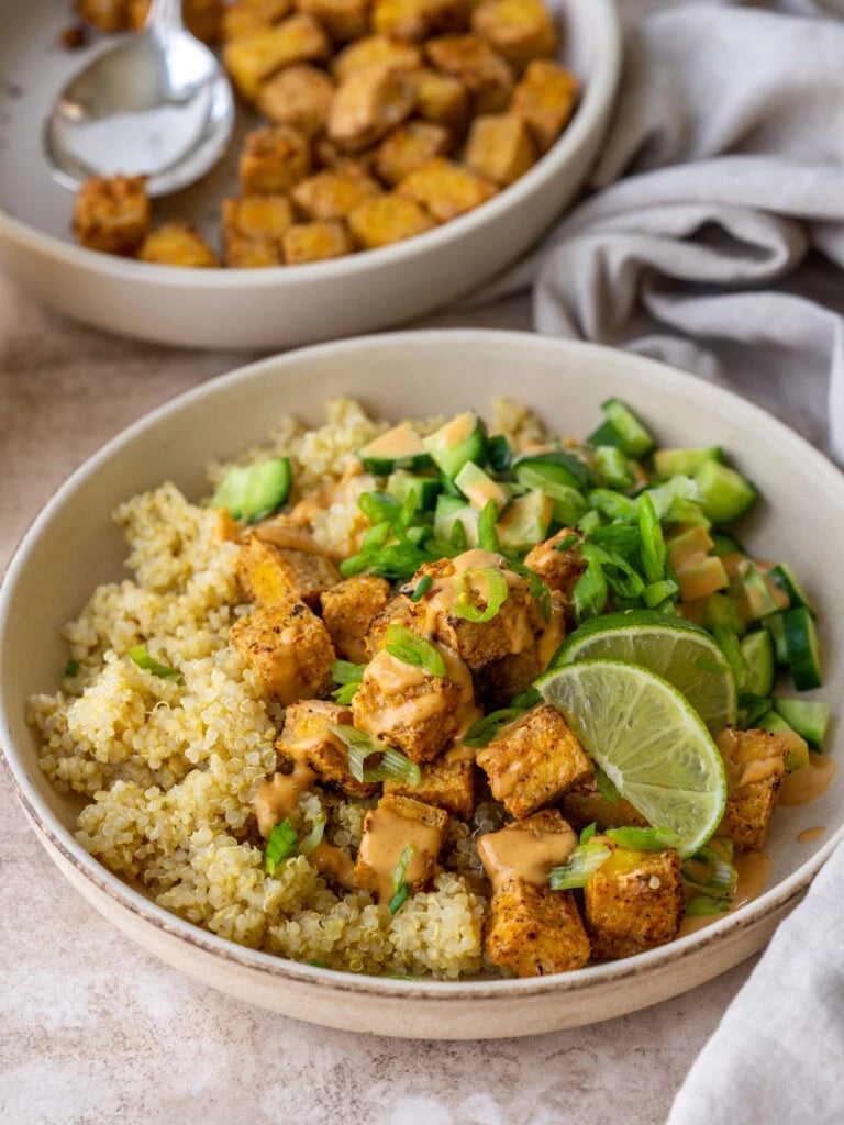 Crispy air fried tofu cubes with sesame seeds